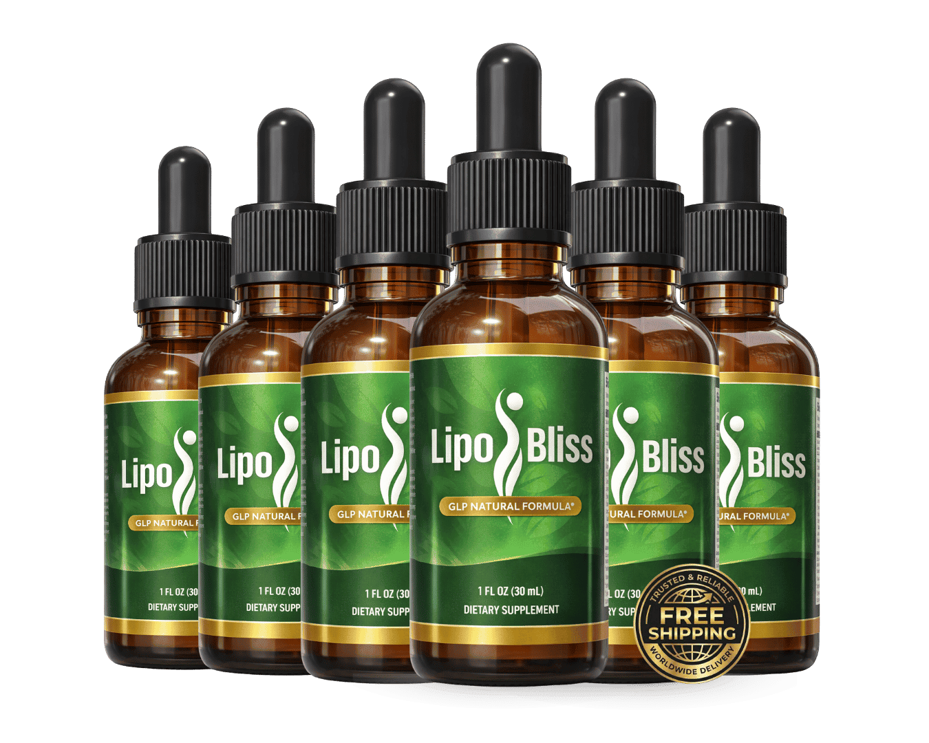 Six LipoBliss dropper bottles shown by the seller